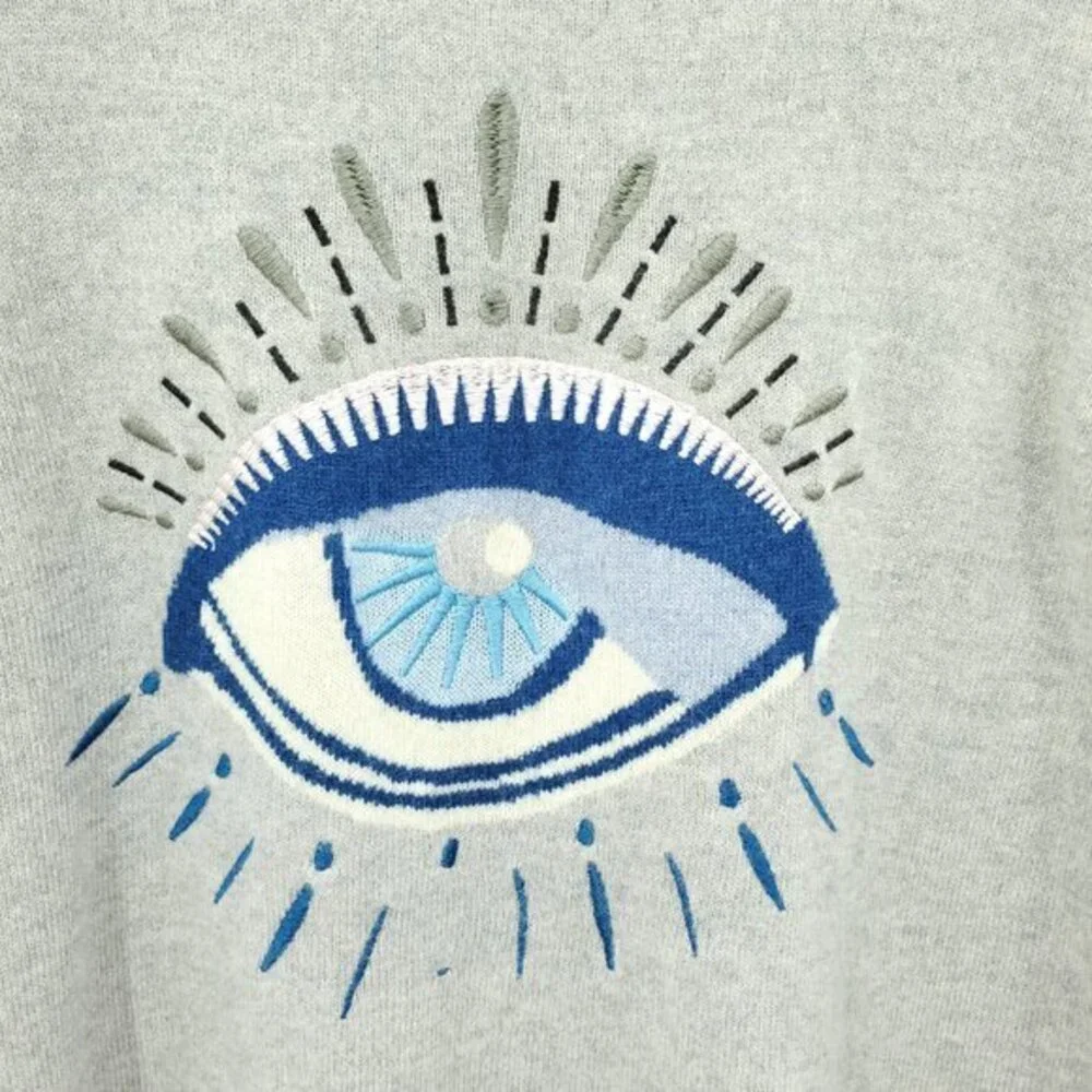 Lisa Todd 100% Cashmere Embroidered Evil Eye Rolled Hem Sweater M Gray/Blue